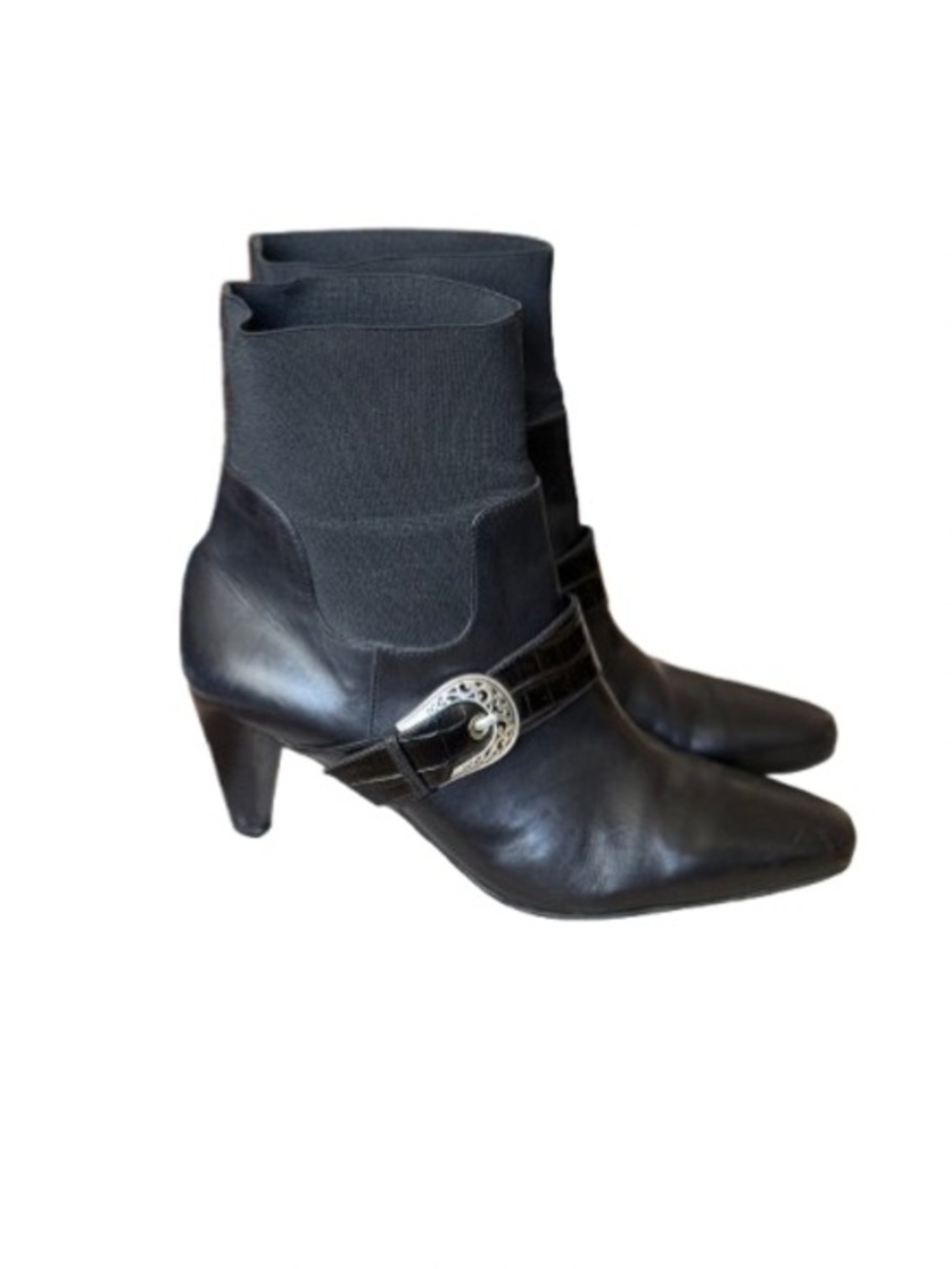 Brighton Rosita Black Leather Stretch Ankle Boots Buckle Detail Size 9M